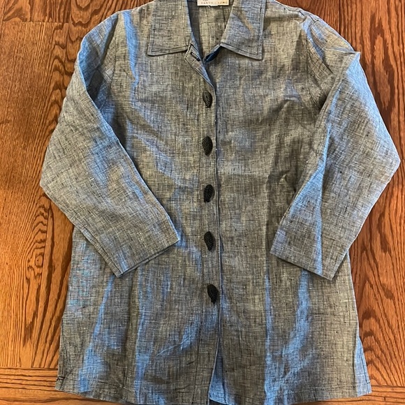 Women’s 100% linen shirt Heather like gray black UNIQUE LEAF BUTTON down size S - Picture 9 of 13
